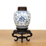 Small blue and white ginger jar with wood cover and stand Chinese, 18th/19th Century with Indian