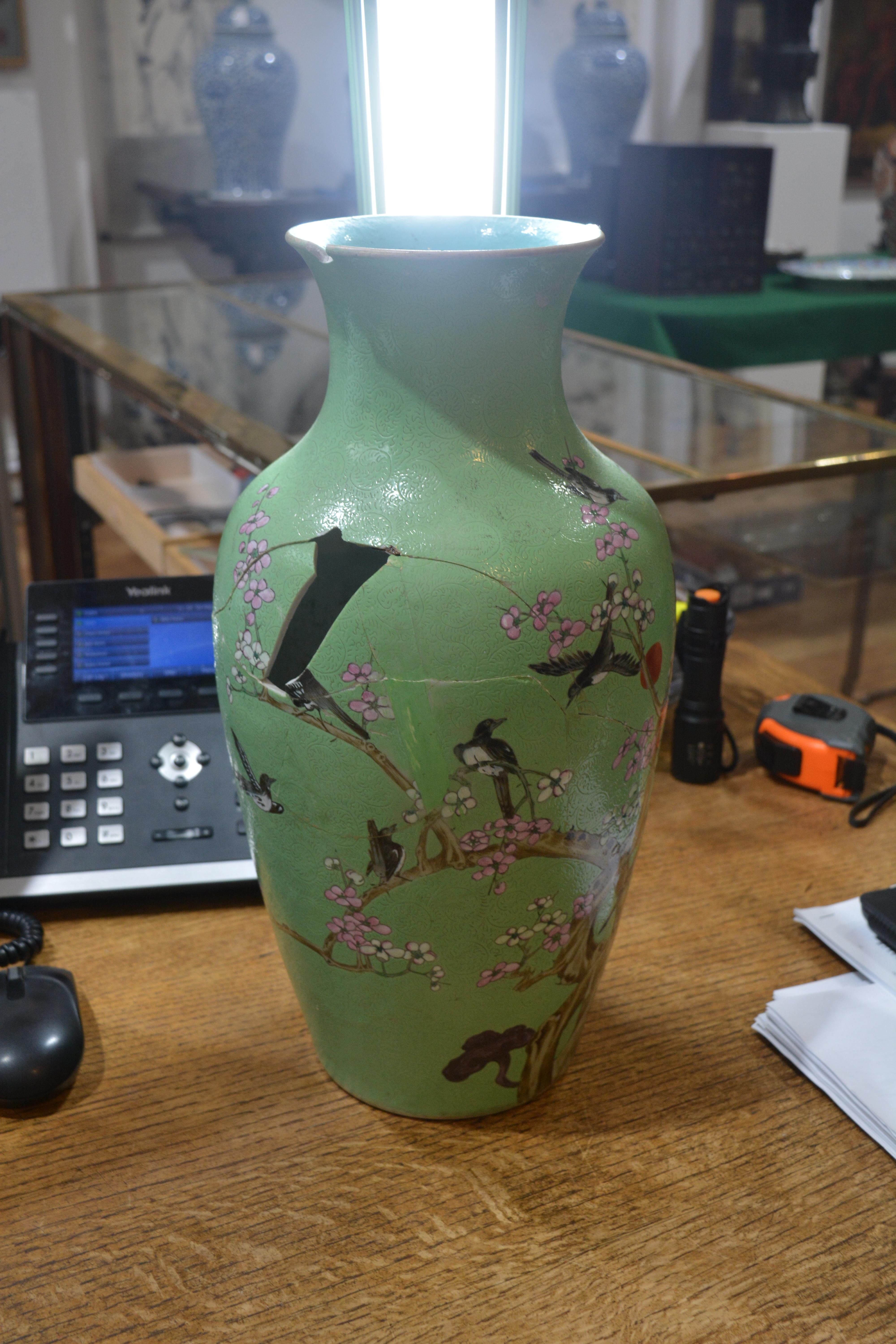 Green and enamel vase Chinese, 19th Century painted with birds and blossom on a an incised ground, - Image 13 of 23