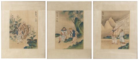 Three watercolours on silk Chinese, circa 1900 painted with various figures in a garden and