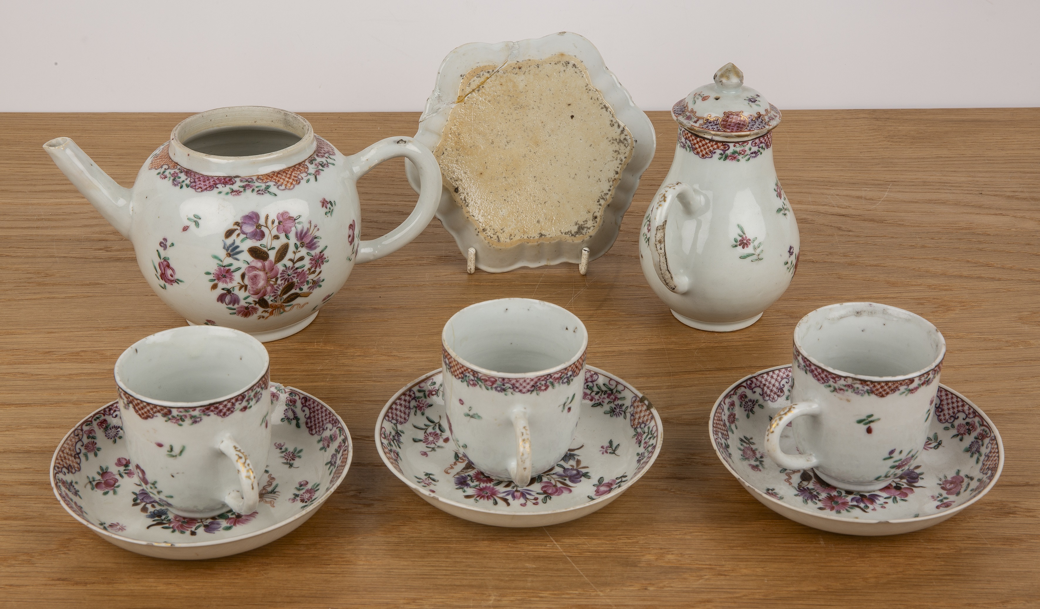 Part famille rose porcelain service Chinese, Qianlong comprising a teapot, sparrow beak cream jug - Image 2 of 4