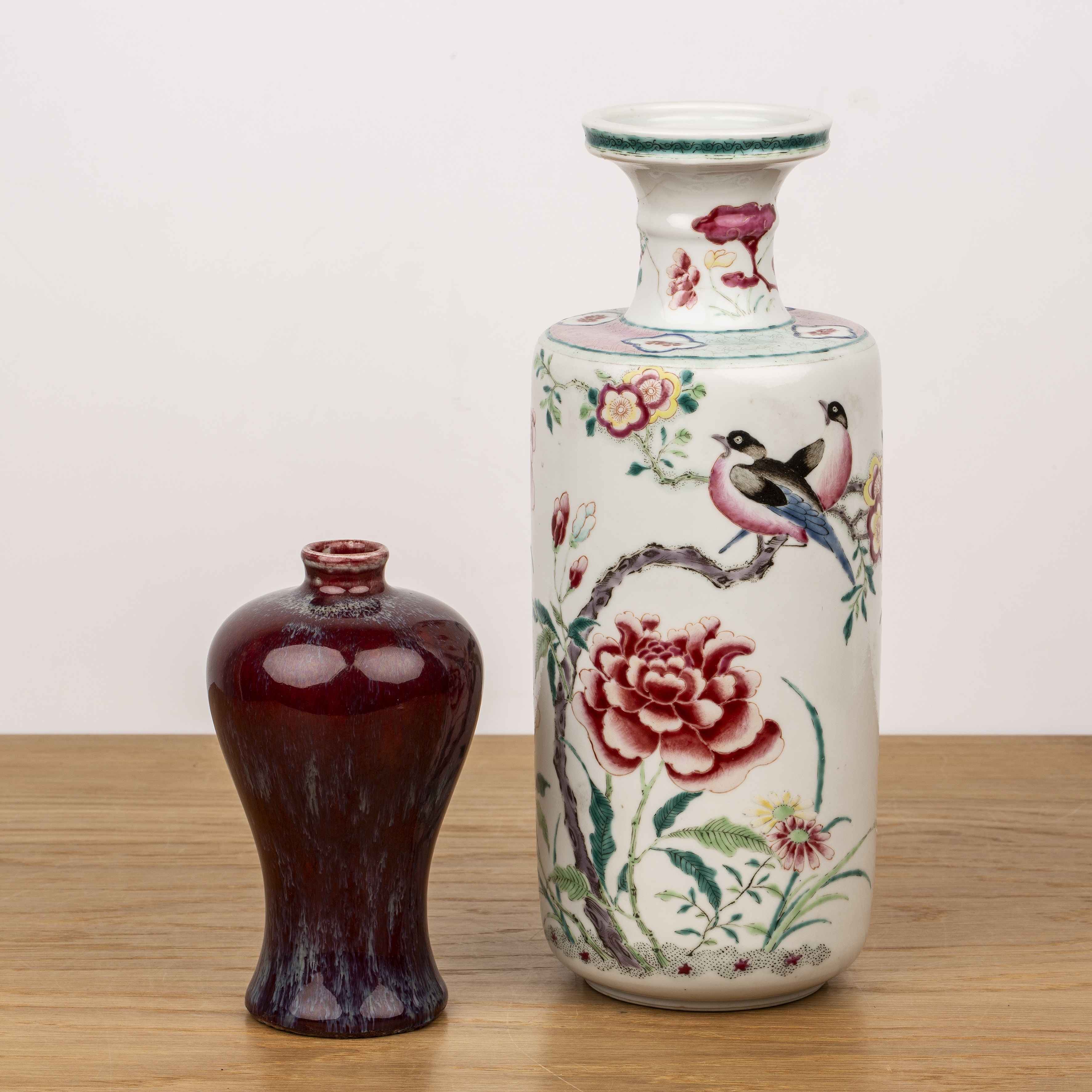 Famille rose vase and a flambe vase Chinese painted with birds, peonies and other flowers, 29cm high