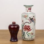 Famille rose vase and a flambe vase Chinese painted with birds, peonies and other flowers, 29cm high