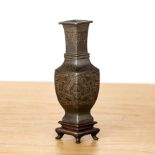 Miniature bronze inlaid archaic form vessel Chinese, late 19th Century signed Shisou, decorated with