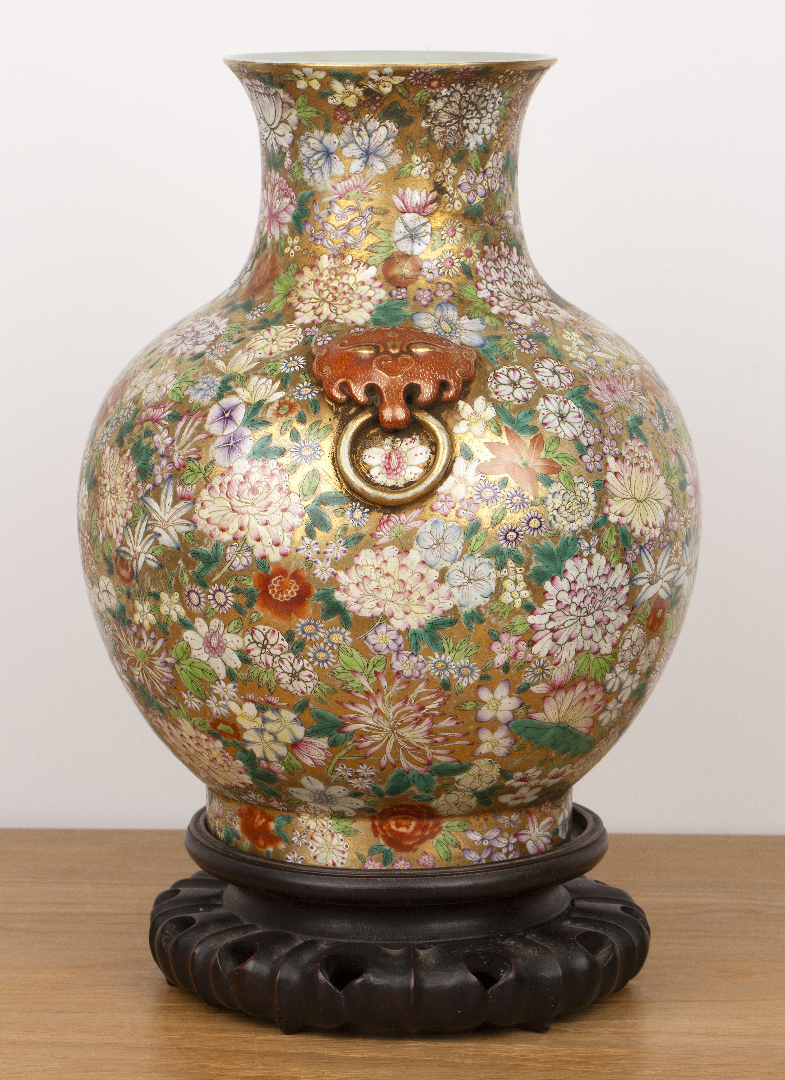 Millefleur porcelain vase and stand Chinese, circa 1900 with raised ruyi and ring handles. The - Image 4 of 10