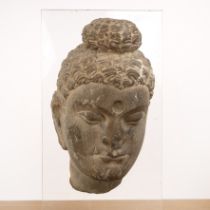 Fragmentary grey carved schist head of Buddha Indian, ancient region of Gandhara, 3rd-4th Century