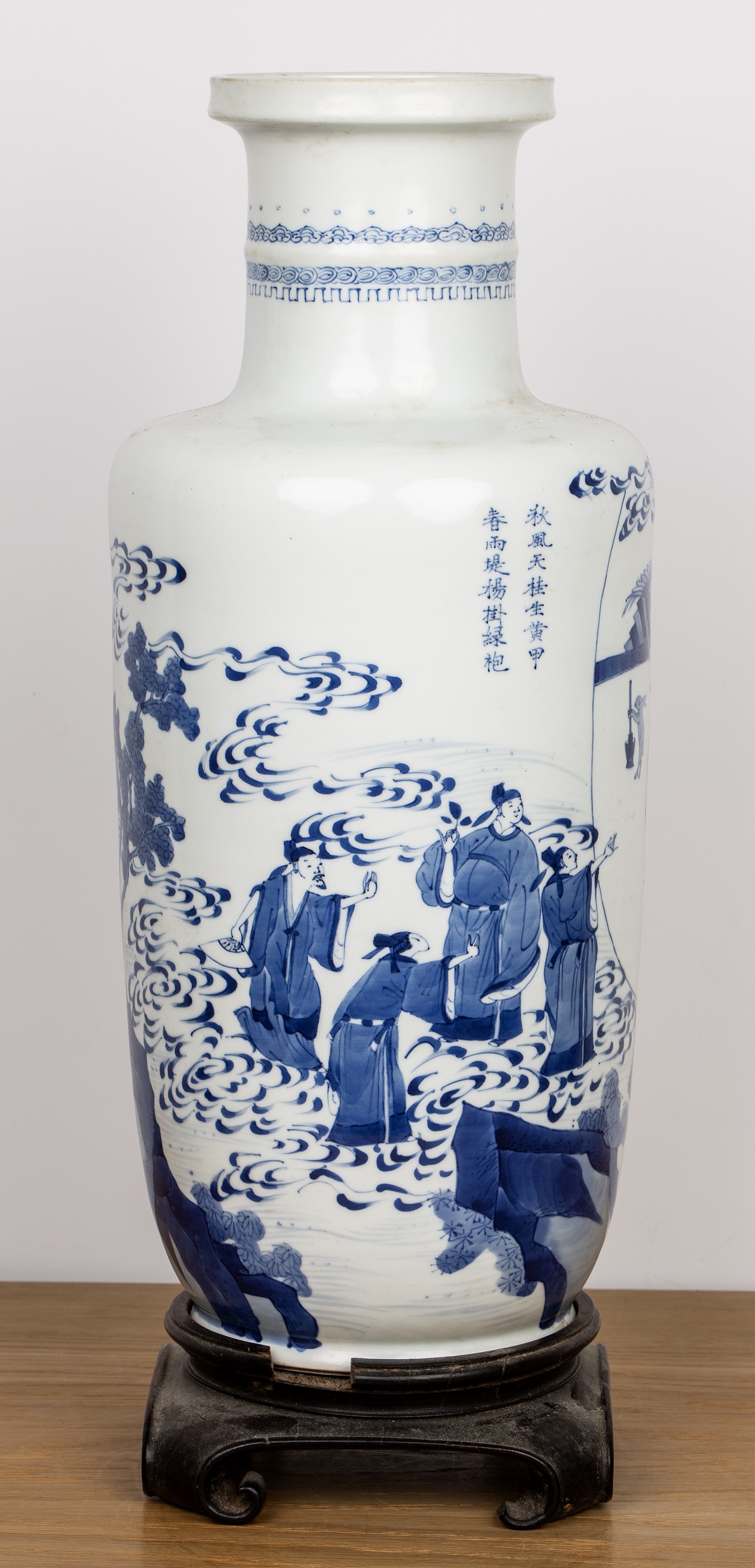Blue and white porcelain rouleau vase Chinese, Kangxi painted with scholars, clouds, and figures - Image 3 of 33