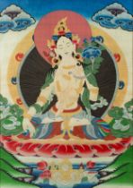 Polychrome thangka Tibetan depicting white Tara, goddess of transcendent wisdom, seated on a lotus