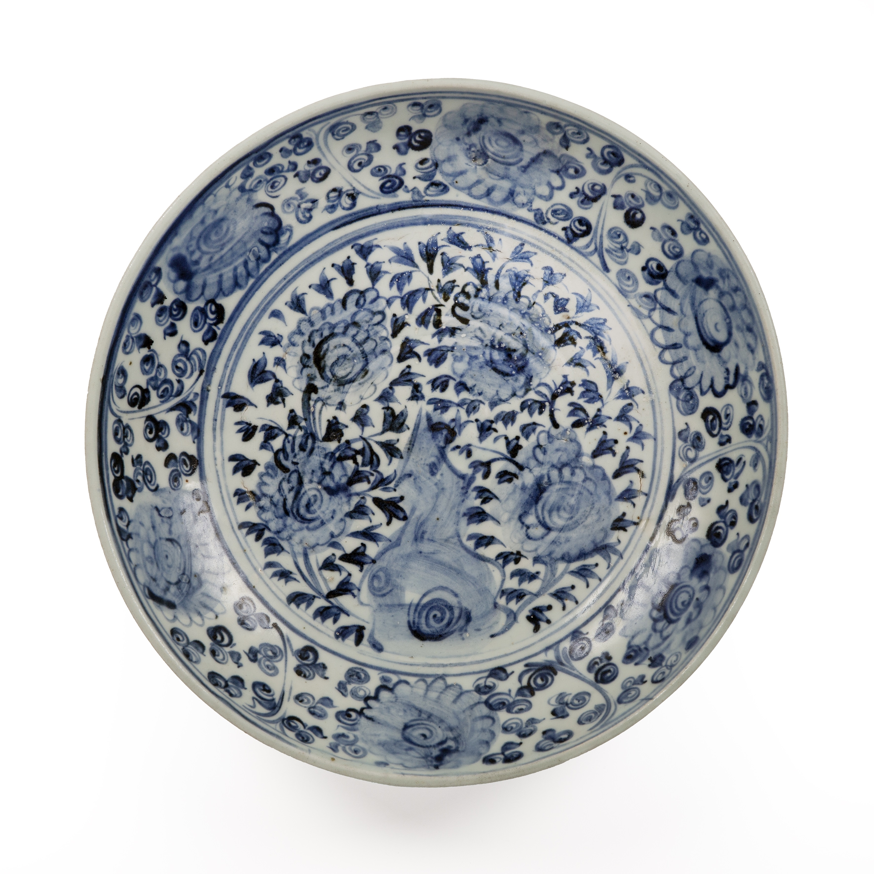 Blue and white porcelain dish Chinese, Ming Wanli period painted with rockwork and flowers, 30.7cm
