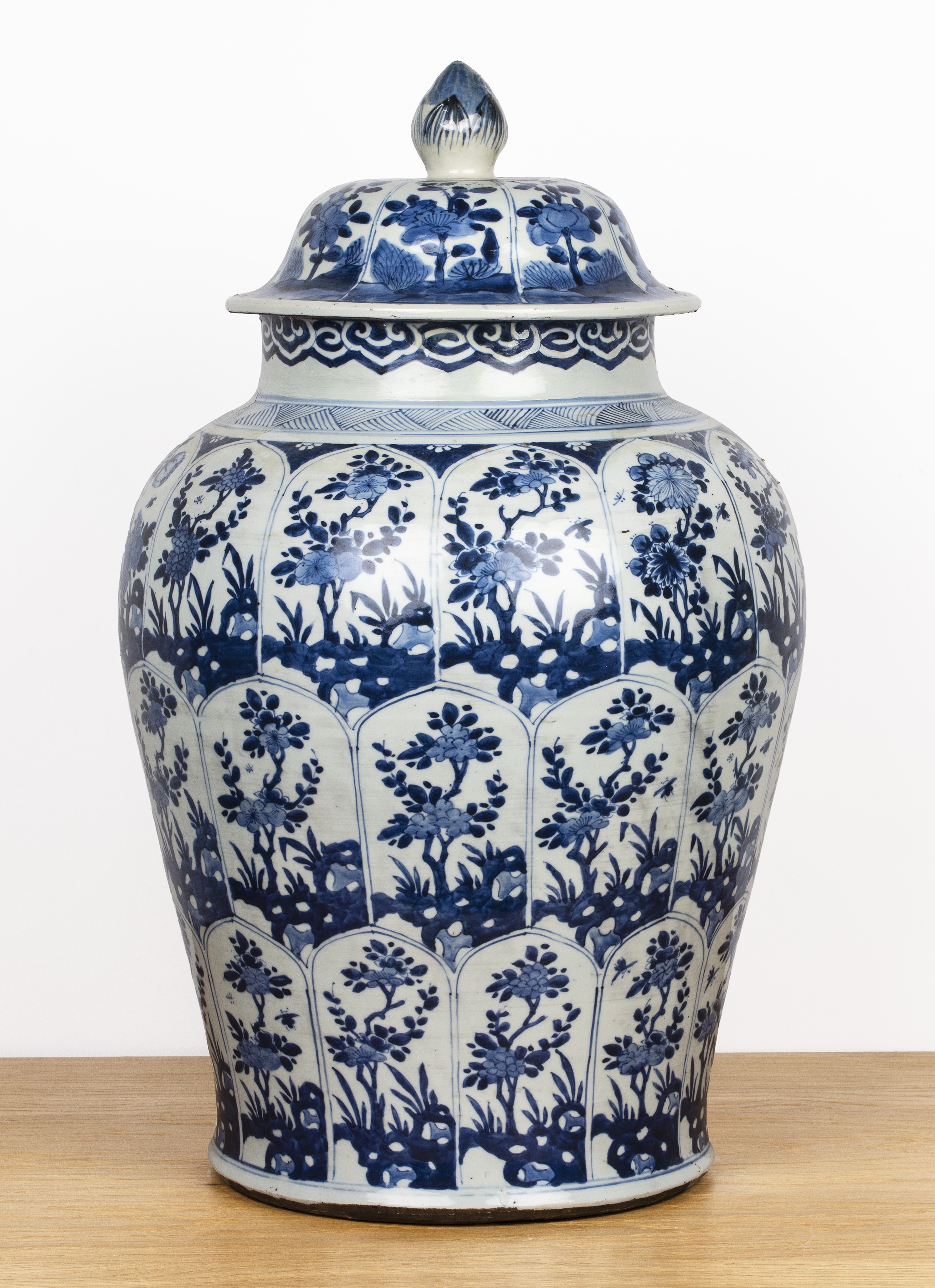 Blue and white jar and cover Chinese, Kangxi with all-over panels of flowers, within a chevron and - Image 2 of 23