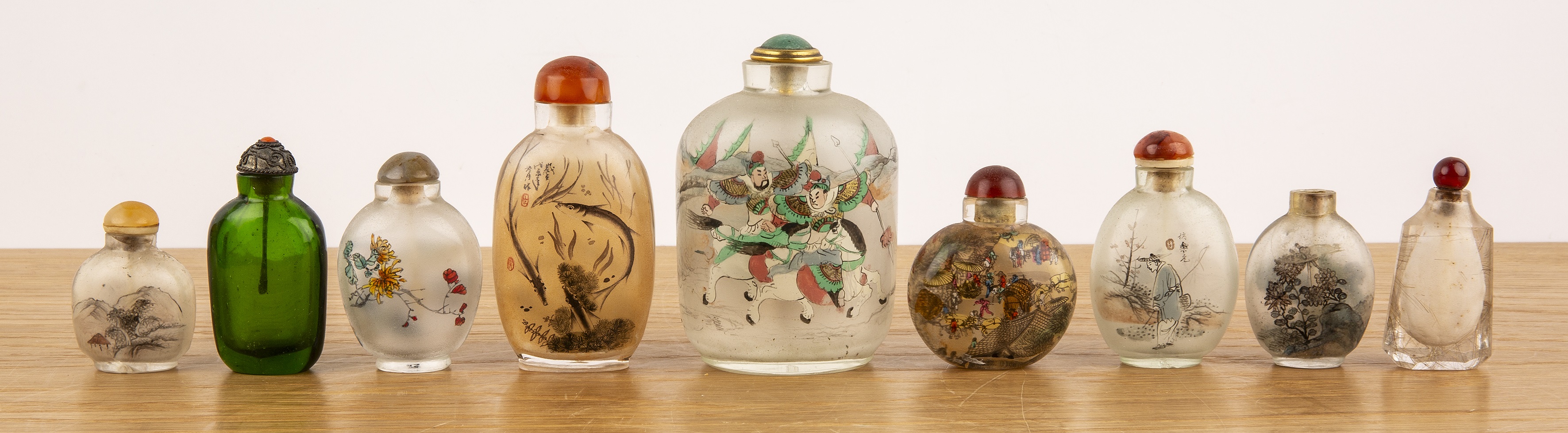 Group of nine Peking glass inside painted snuff bottles Chinese including a monochrome fish- - Image 2 of 4