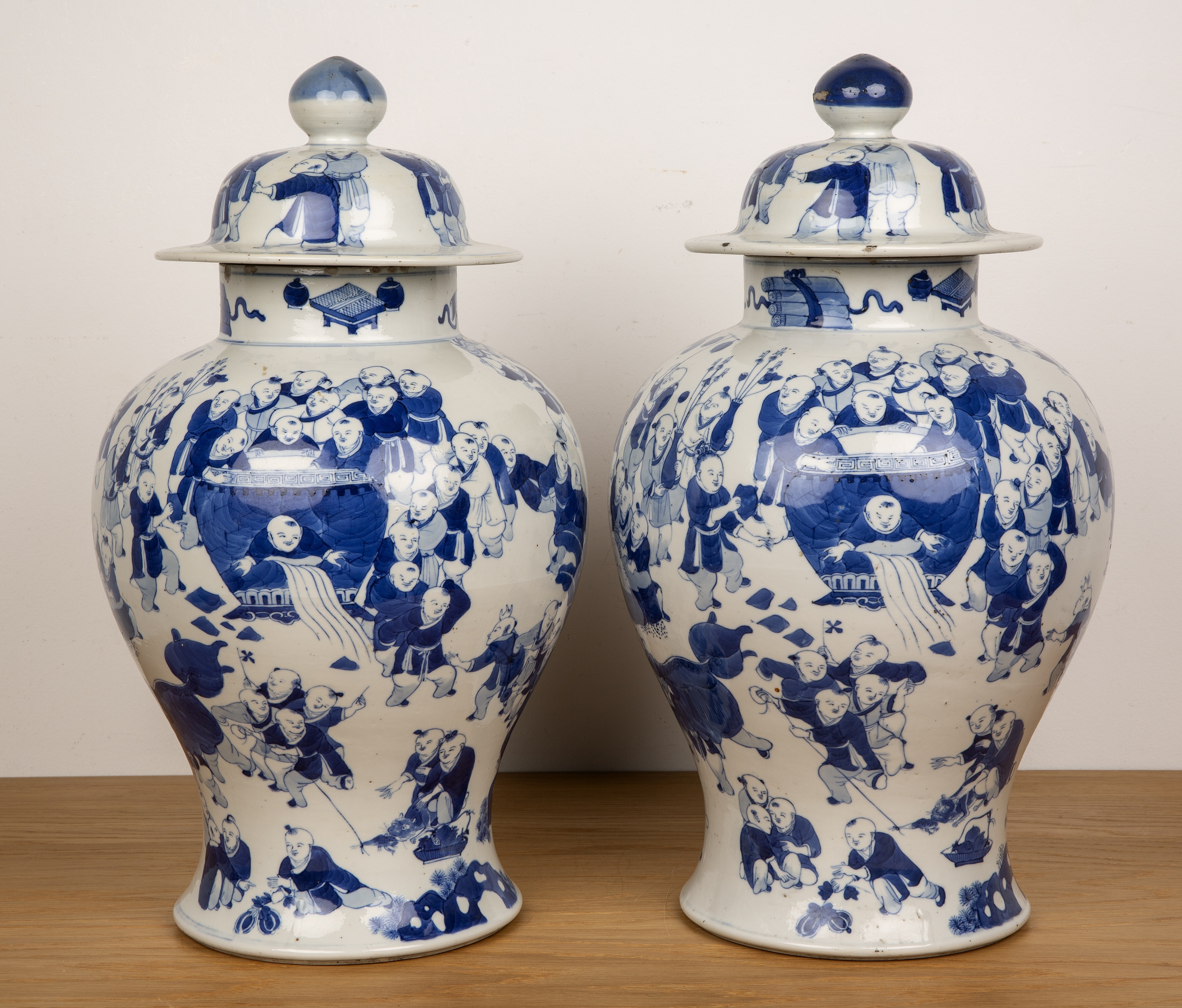 Pair of blue and white 'hundred boy ' porcelain vases and covers Chinese, Kangxi (1662-1722) the - Image 3 of 37