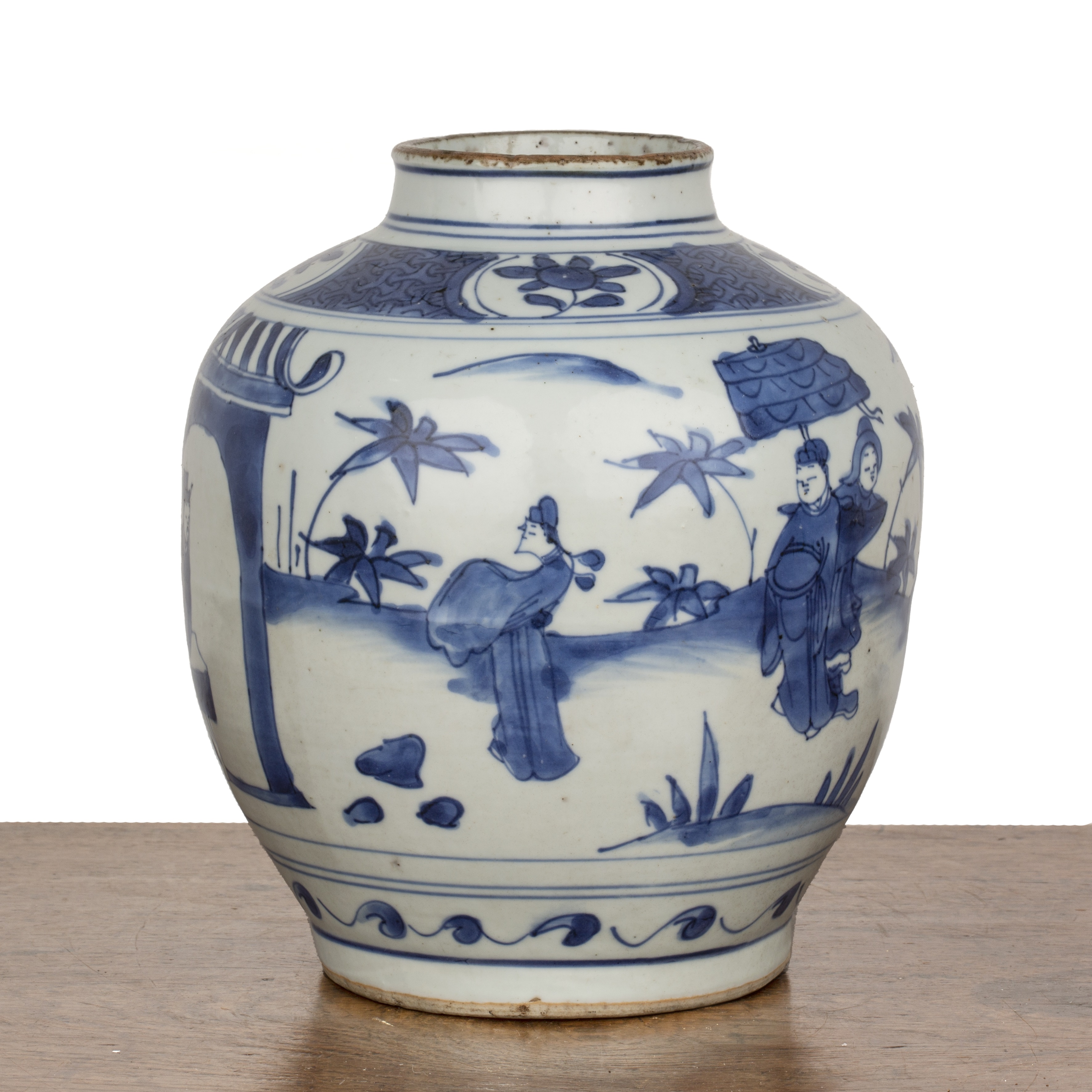 Blue and white porcelain jar Chinese, Ming Wanli period painted with a pavilion, garden and figures, - Image 4 of 5