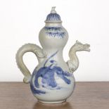 Blue and white porcelain double gourd teapot Japanese, 19th Century with a dragon handle and