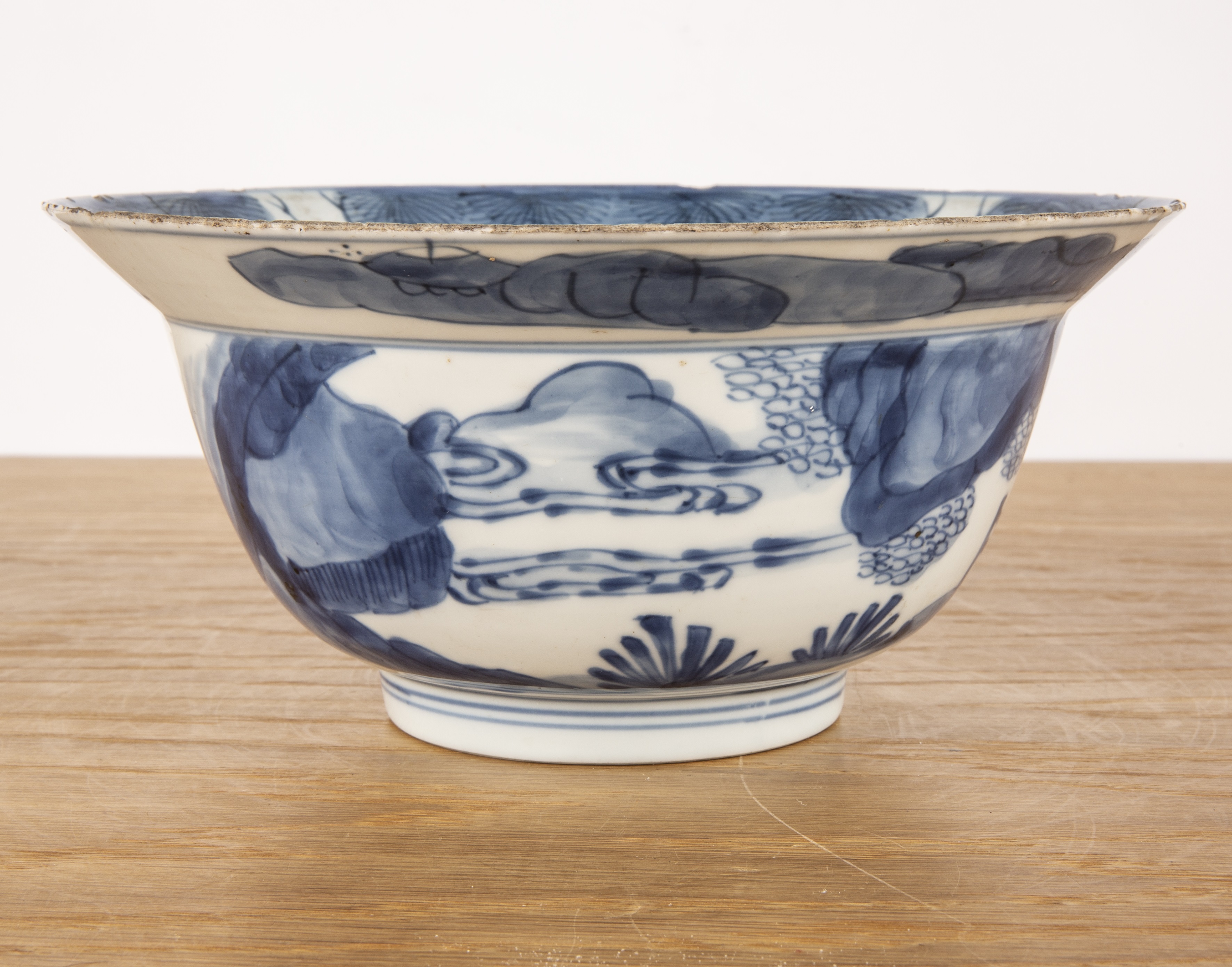 Blue and white bowl Chinese, Kangxi period painted with a monk to the centre and further figures - Image 3 of 6