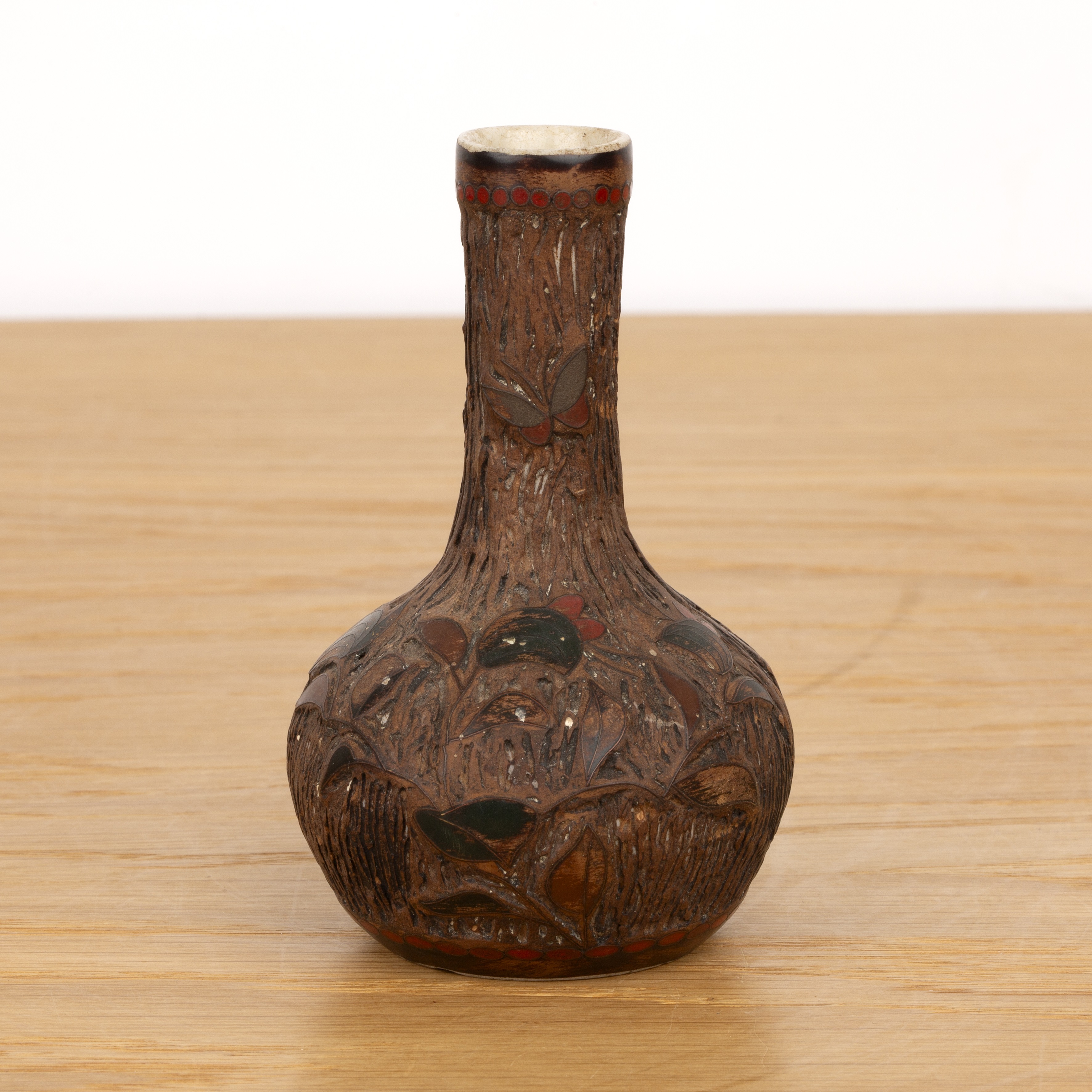 Bocage decorated small bottle vase Japanese, Meiji period within inlaid band around the base and - Image 2 of 3