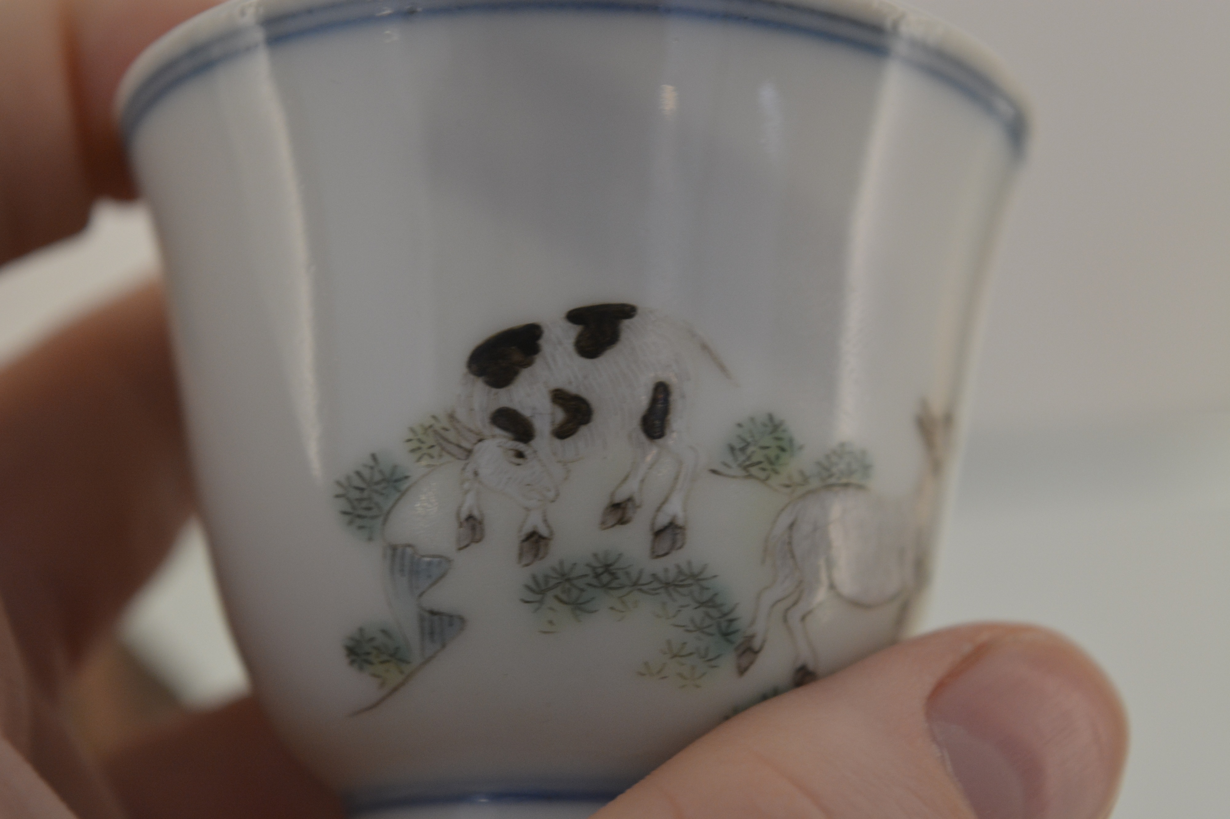 Doucai porcelain small tea bowl Chinese painted in enamels with a water buffalo being ridden by a - Image 7 of 15