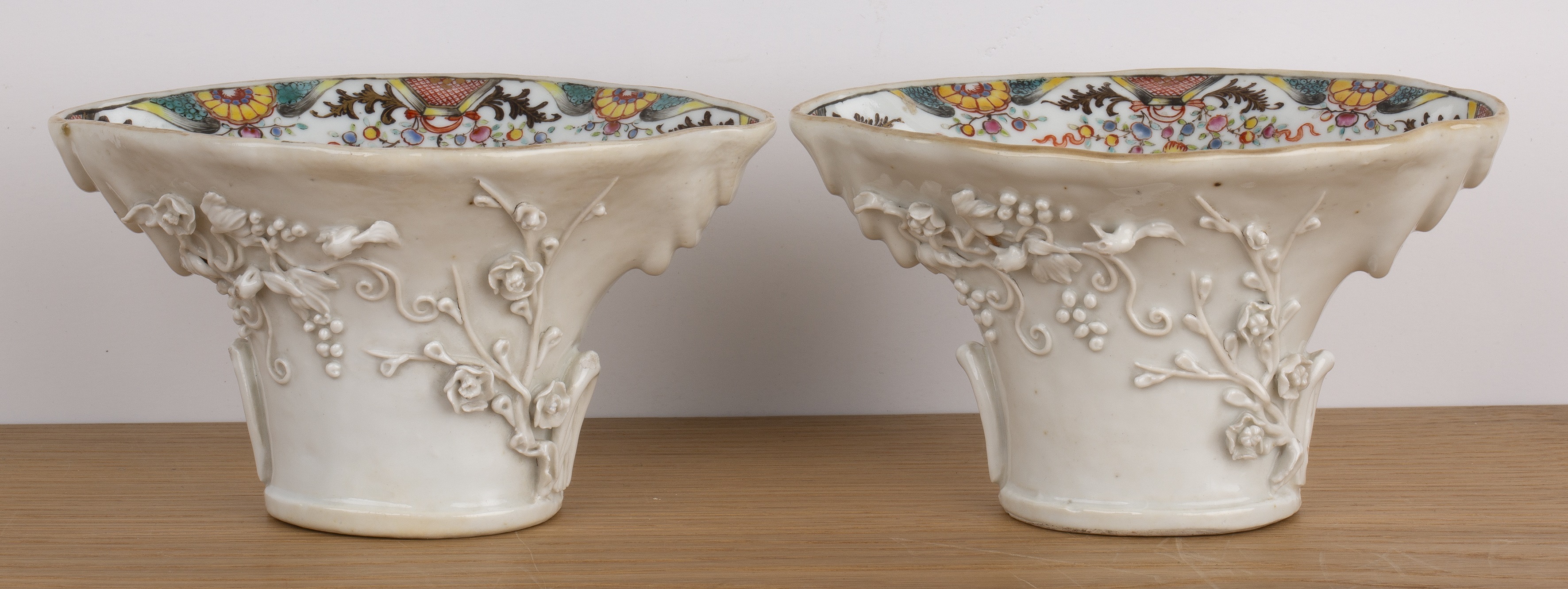 Pair of export porcelain libation cups and stands Chinese, 18th Century of white ground with - Image 3 of 5