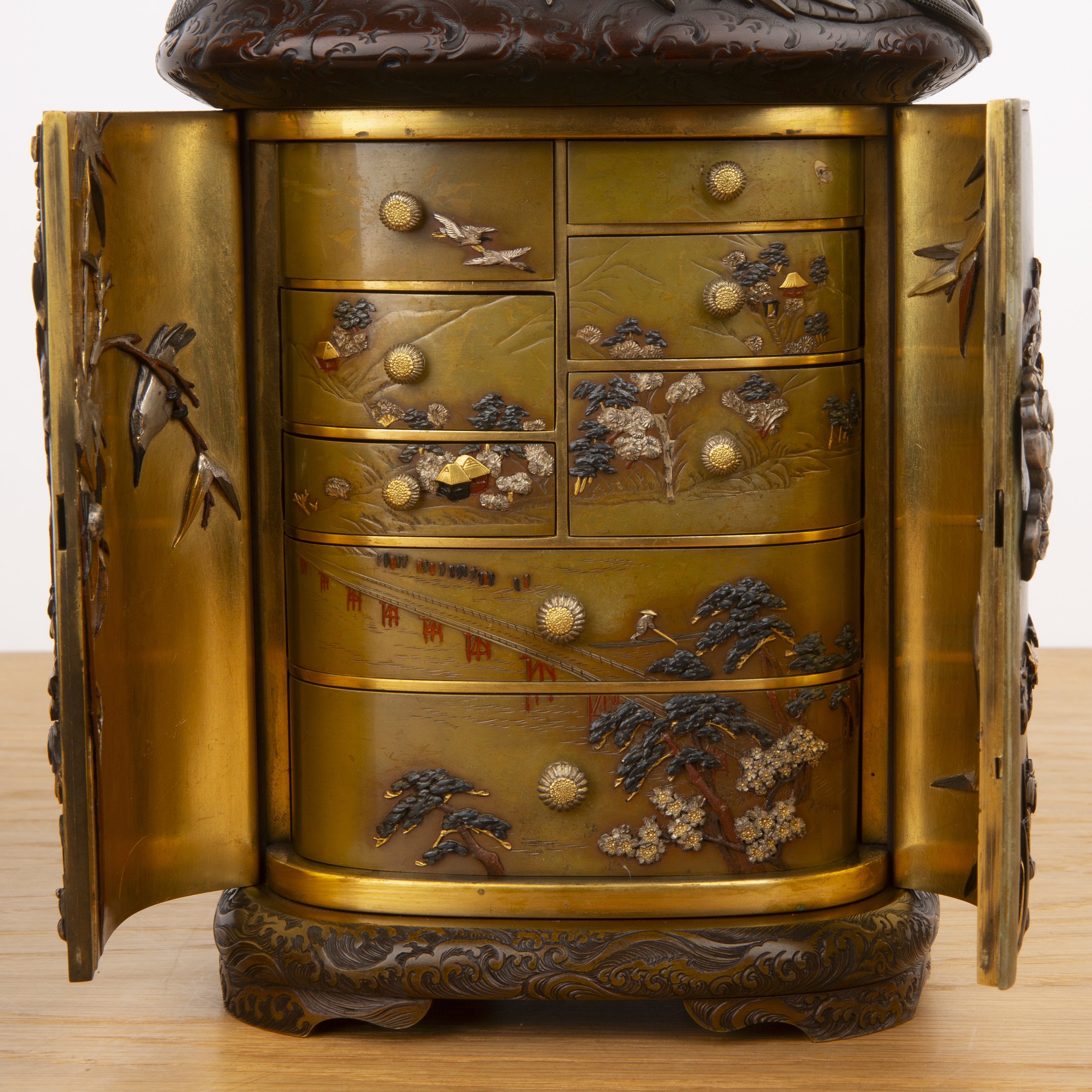 Metal and shakudo Kodansu cabinet on a dragon carved hardwood base Japanese, Meiji period in the - Image 15 of 61