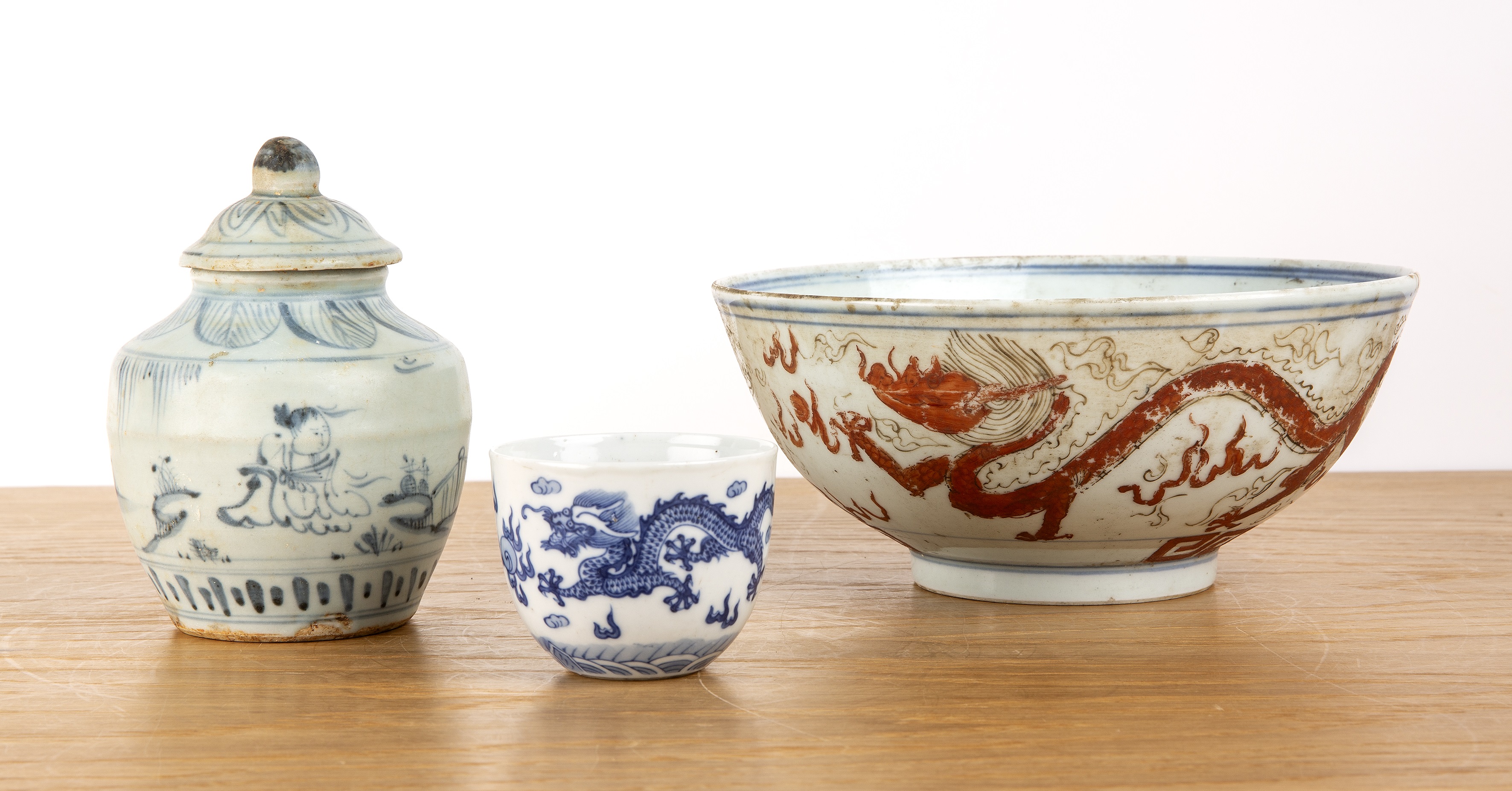 Group of three pieces Chinese, Ming and later including a provincial blue and white jar and cover,