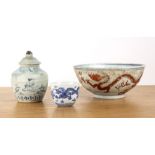 Group of three pieces Chinese, Ming and later including a provincial blue and white jar and cover,