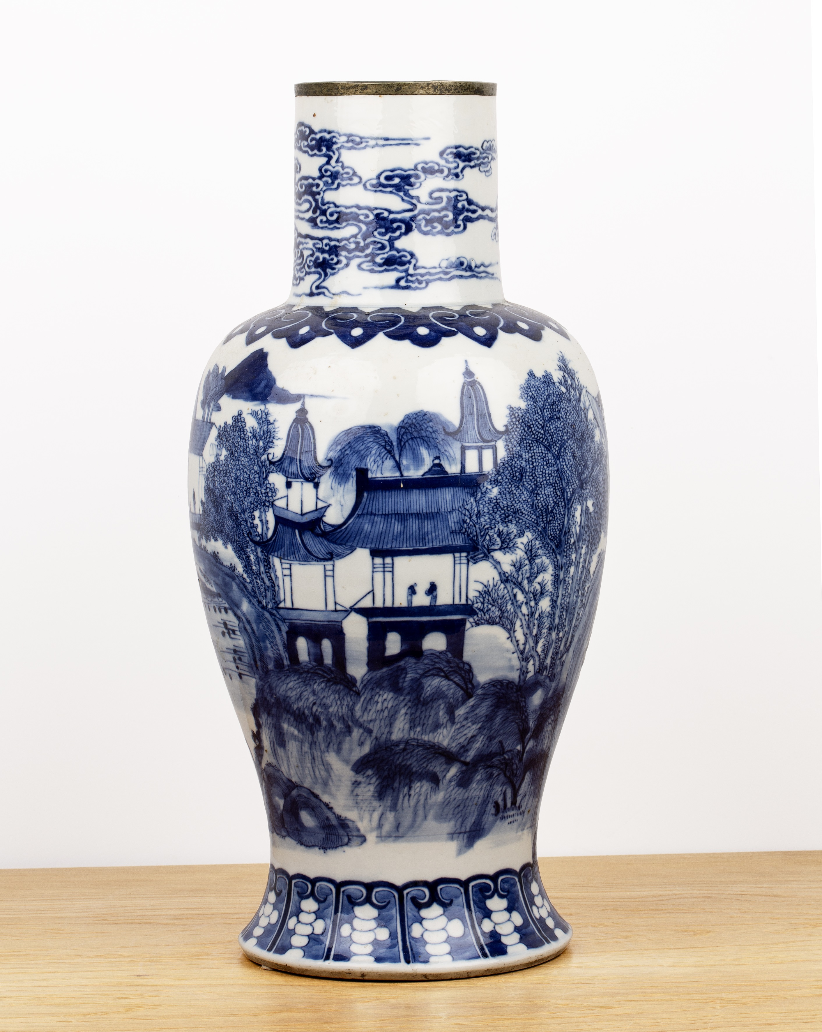 Blue and white vase Chinese, 19th Century with an extensive mountain and lake landscape, within a - Image 4 of 7