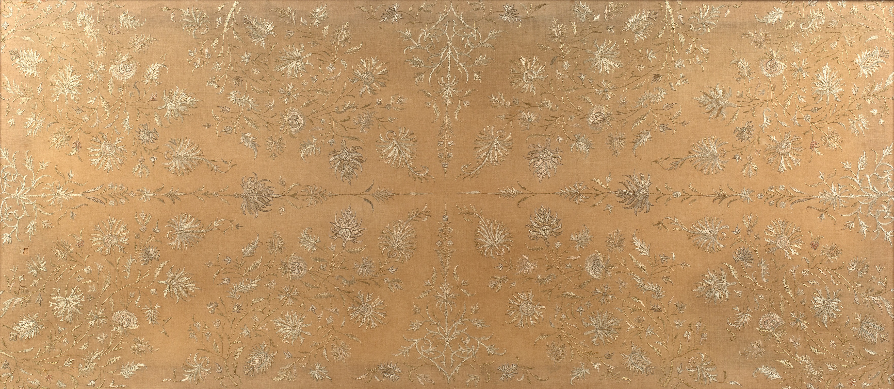 Embroidered panel Chinese, 19th Century worked in silk in quartered sections, depicting flowers