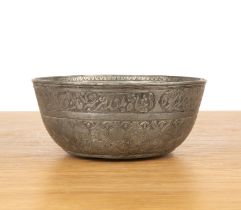 Tin on copper bowl Safavid, 18th/19th Century engraved with a band of Koranic text and further