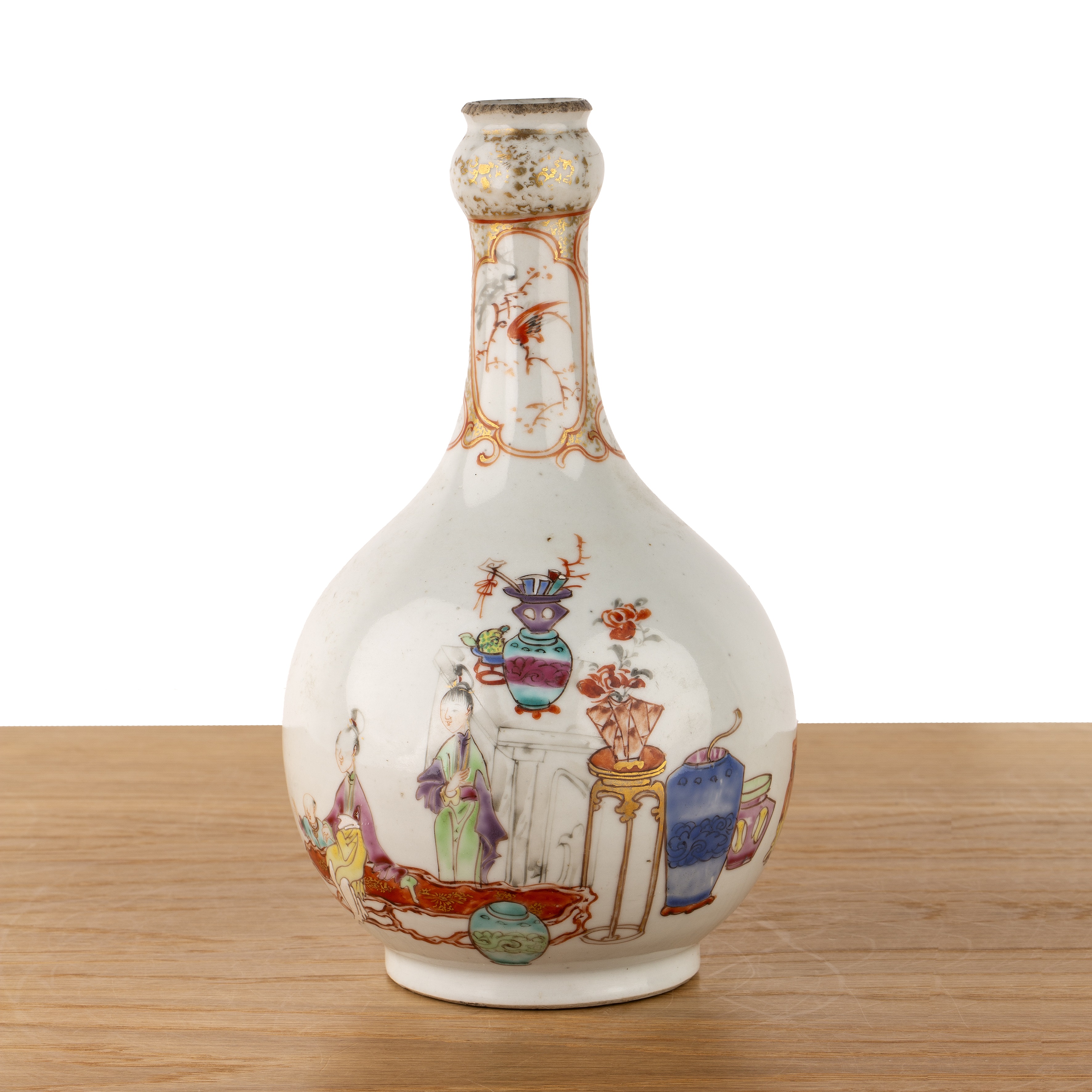 Famille rose porcelain guglet vase Chinese, late 18th Century painted with figures and a dog in an