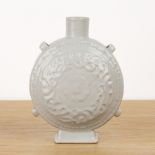 White glazed porcelain moon flask Chinese, 18th/19th Century with a central moulded flower head