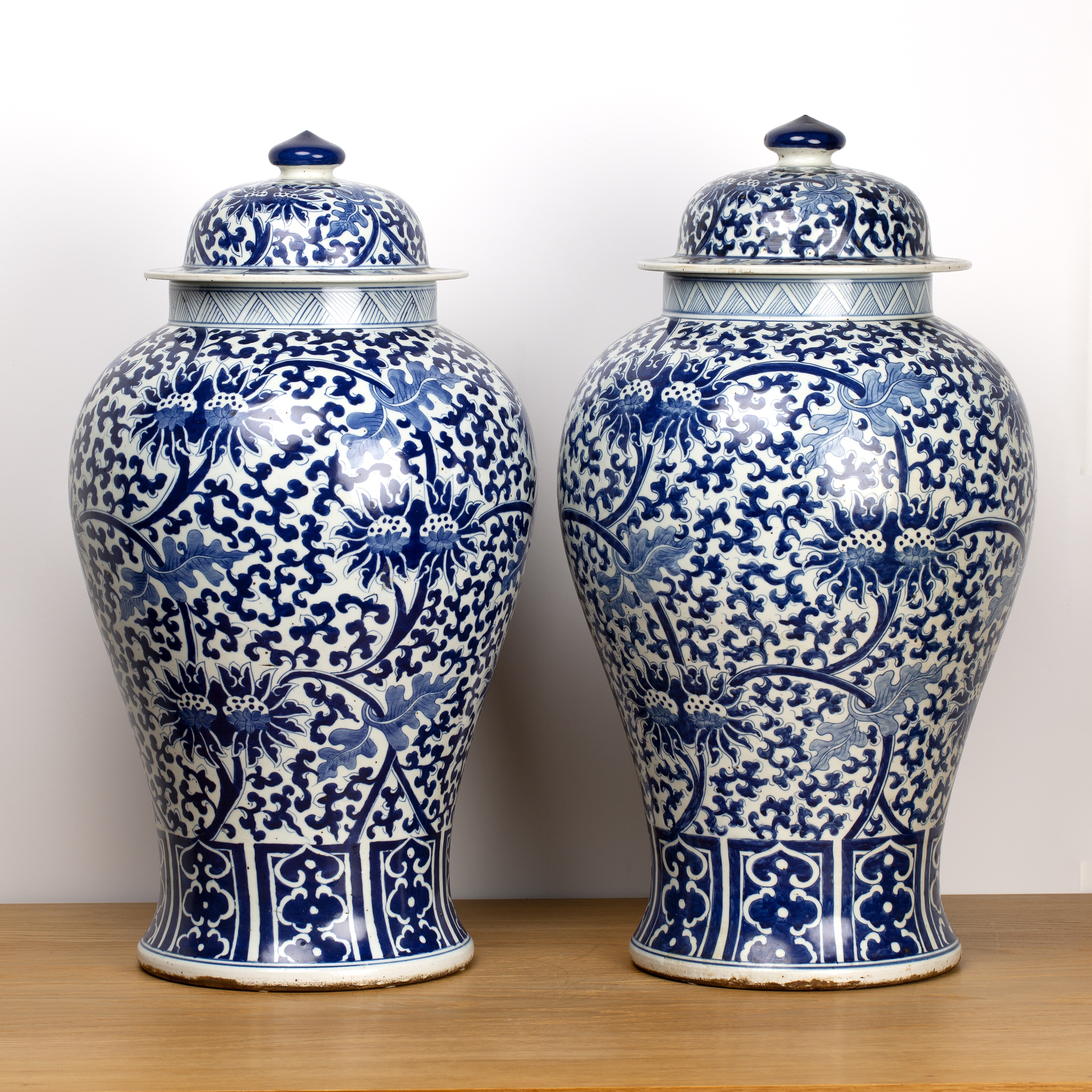 Pair of blue and white vases and covers Chinese, 19th Century with all-over trailing Indian lotus - Image 3 of 8