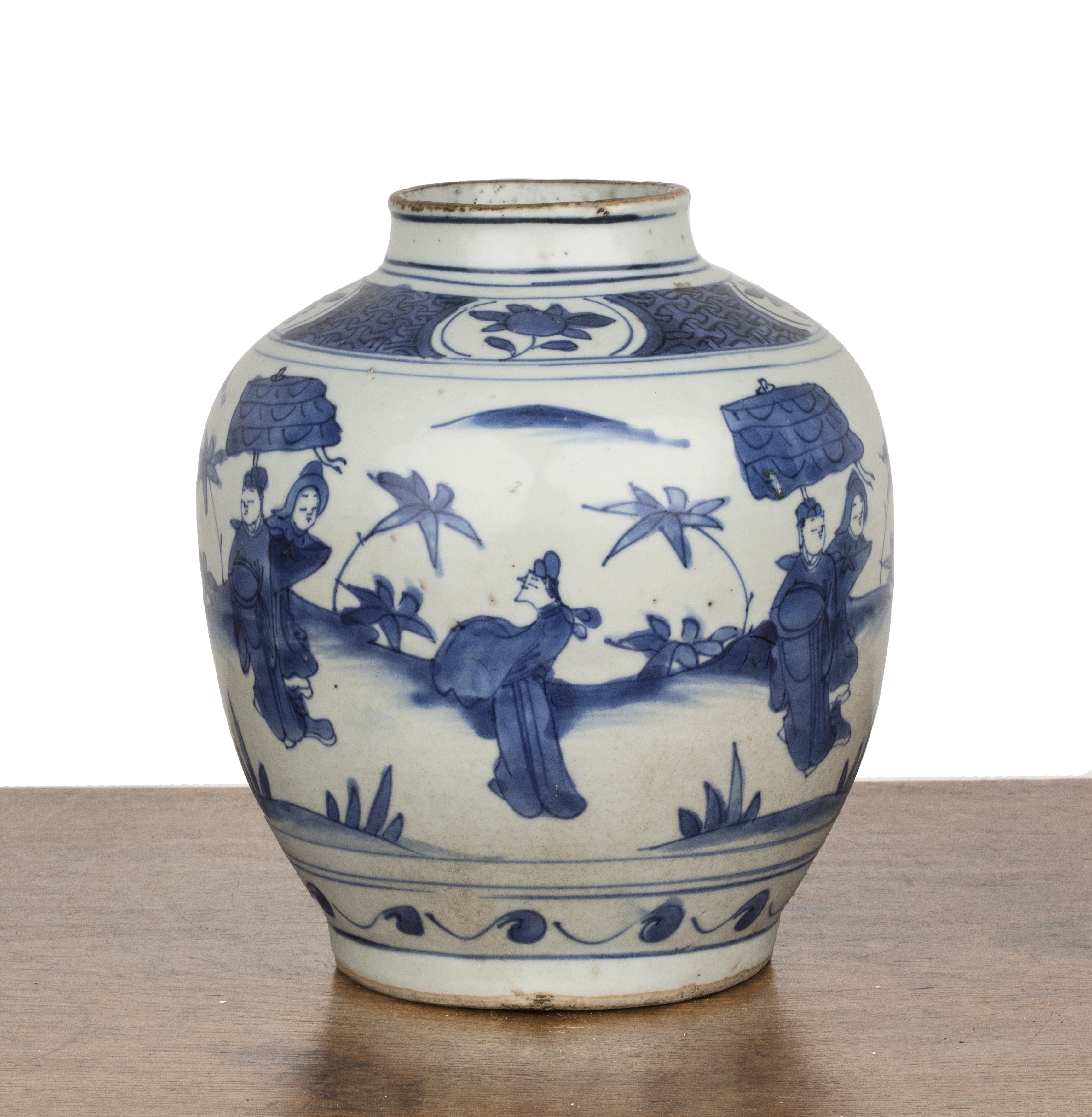 Blue and white porcelain jar Chinese, Ming Wanli period painted with a pavilion, garden and figures,