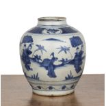 Blue and white porcelain jar Chinese, Ming Wanli period painted with a pavilion, garden and figures,