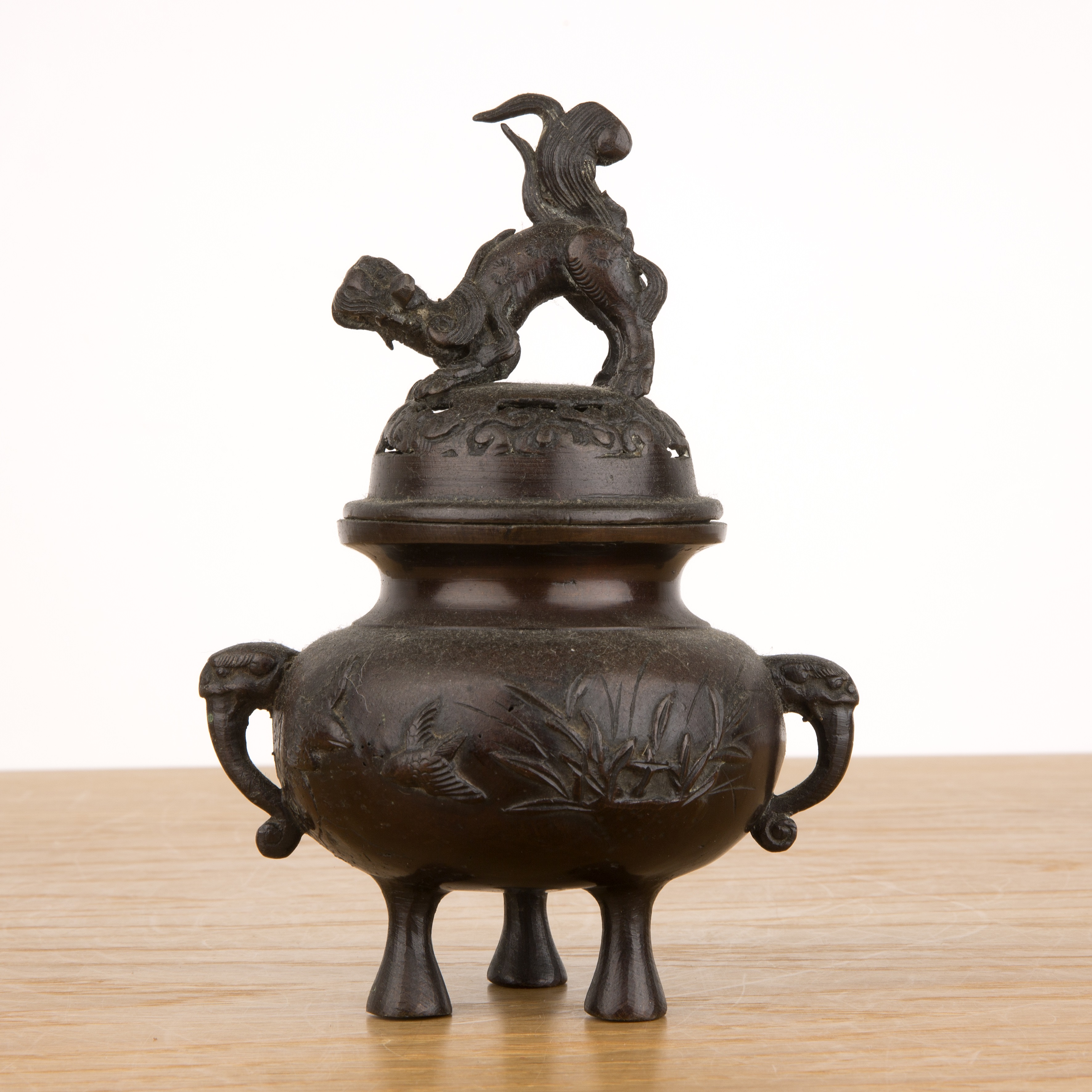 Small bronze censer Japanese with a kylin finial, 17cm high With some marks and wear. - Image 2 of 4