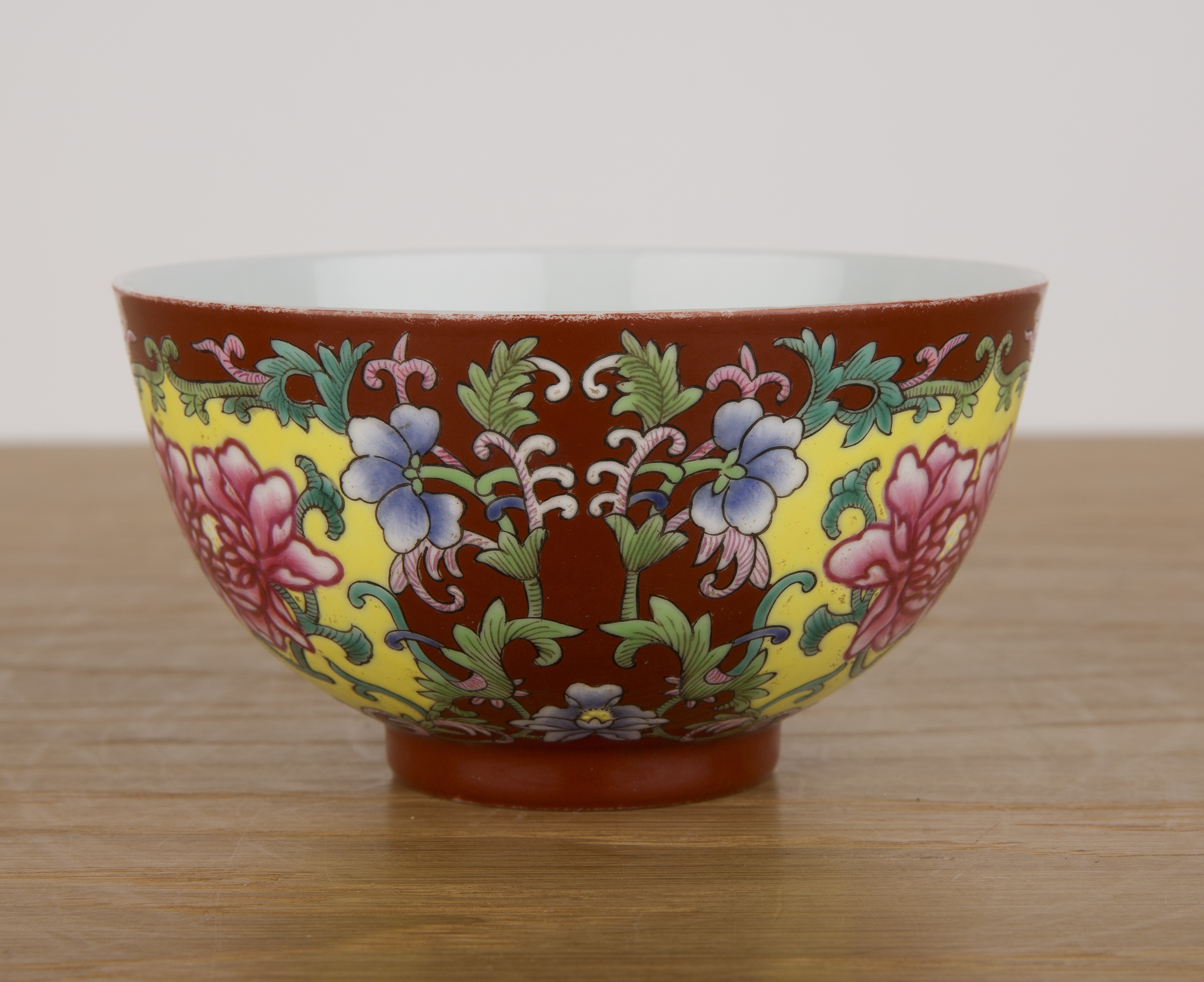 Polychrome enamelled porcelain bowl Chinese, 19th/20th Century painted with peonies and trailing - Image 2 of 12
