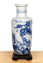 Blue and white porcelain rouleau vase Chinese, Kangxi painted with scholars, clouds, and figures