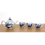 Miniature blue and white teapot and three cups Chinese, Kangxi the teapot is 10cm across (4) Non