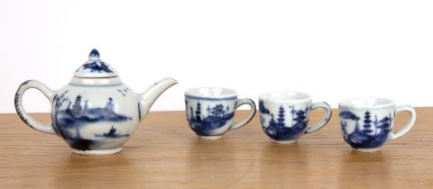 Miniature blue and white teapot and three cups Chinese, Kangxi the teapot is 10cm across (4) Non