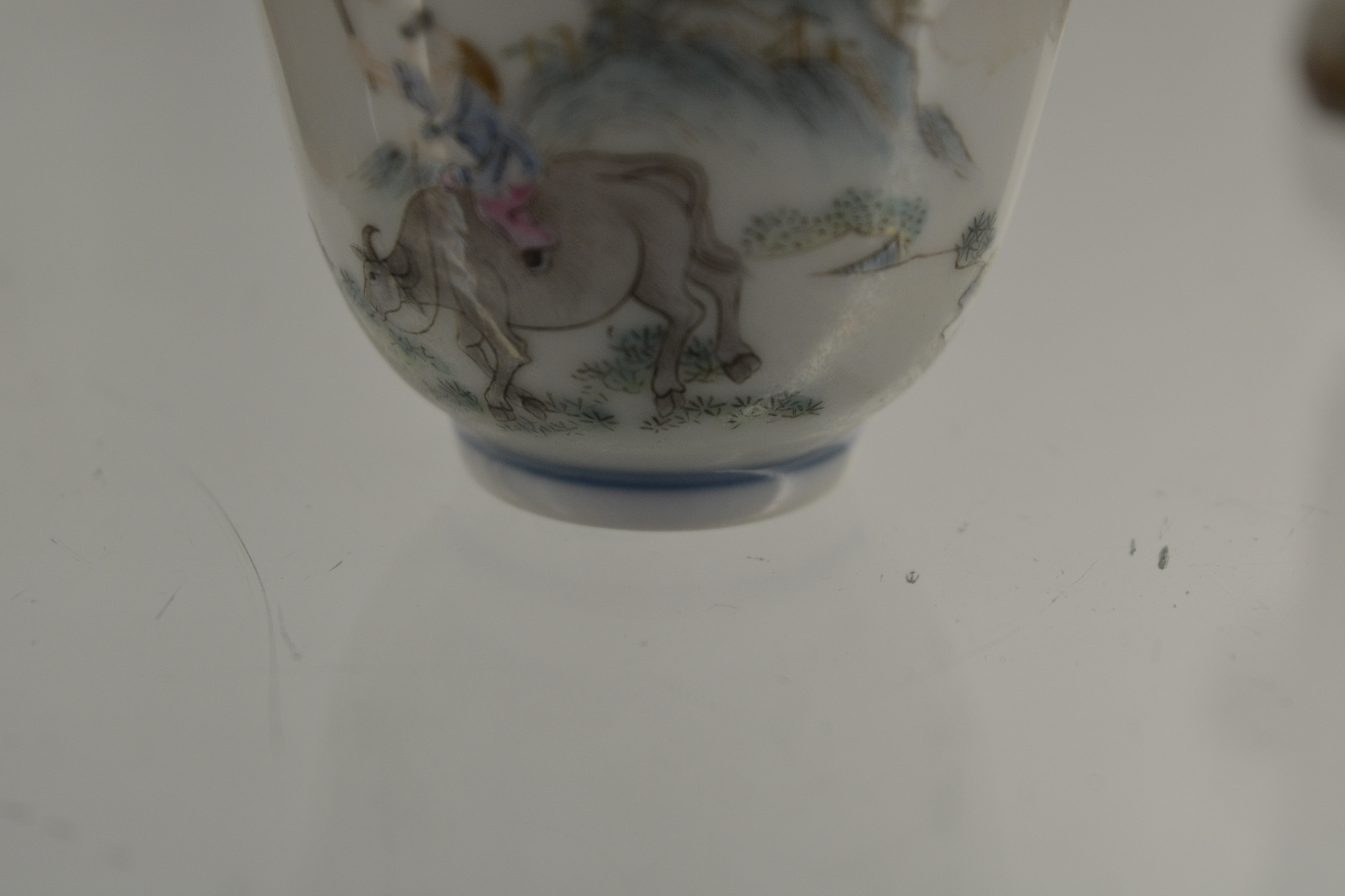 Doucai porcelain small tea bowl Chinese painted in enamels with a water buffalo being ridden by a - Image 5 of 15