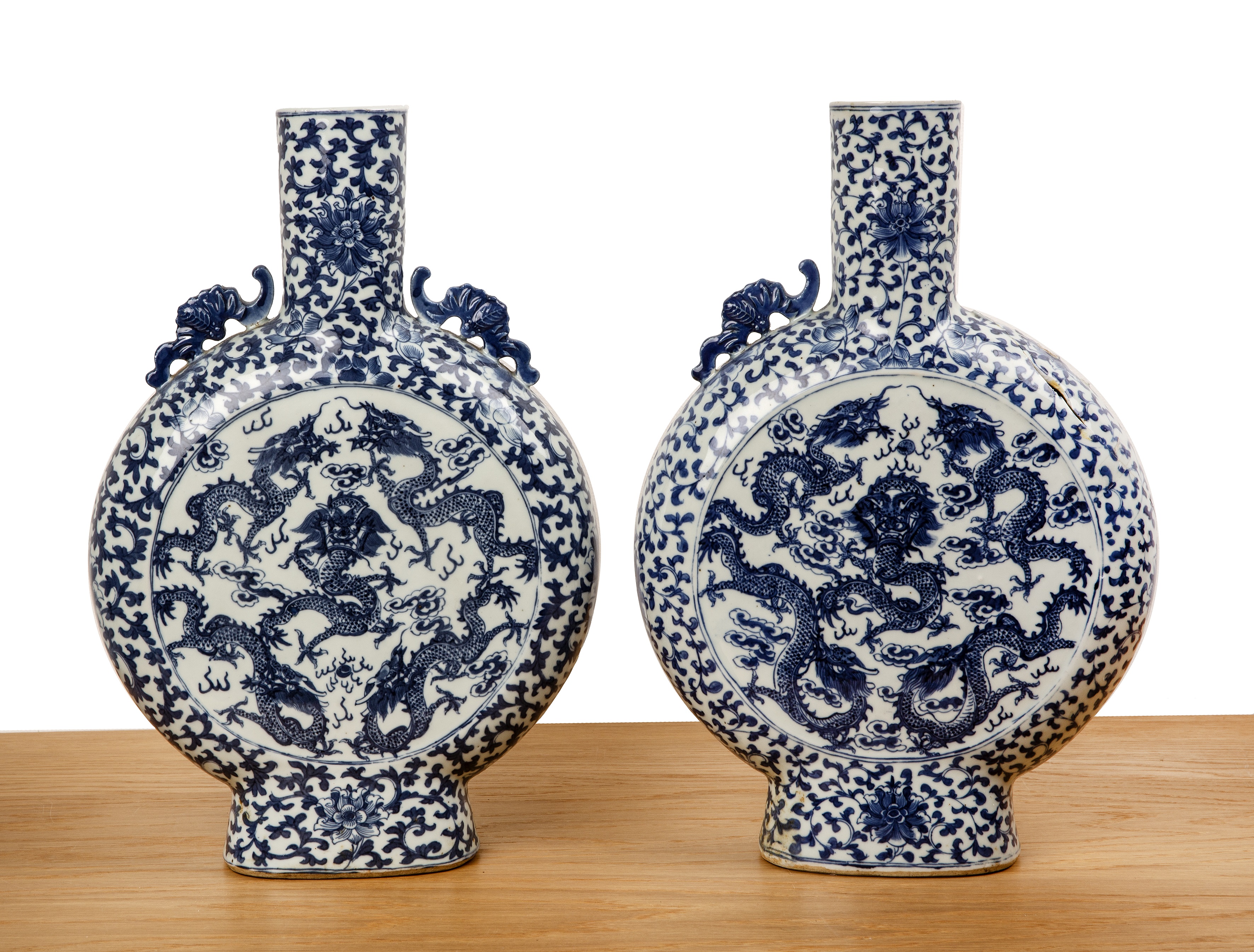 Pair of large blue and white porcelain moon flasks Chinese, 19th Century each painted with dragons - Image 2 of 4