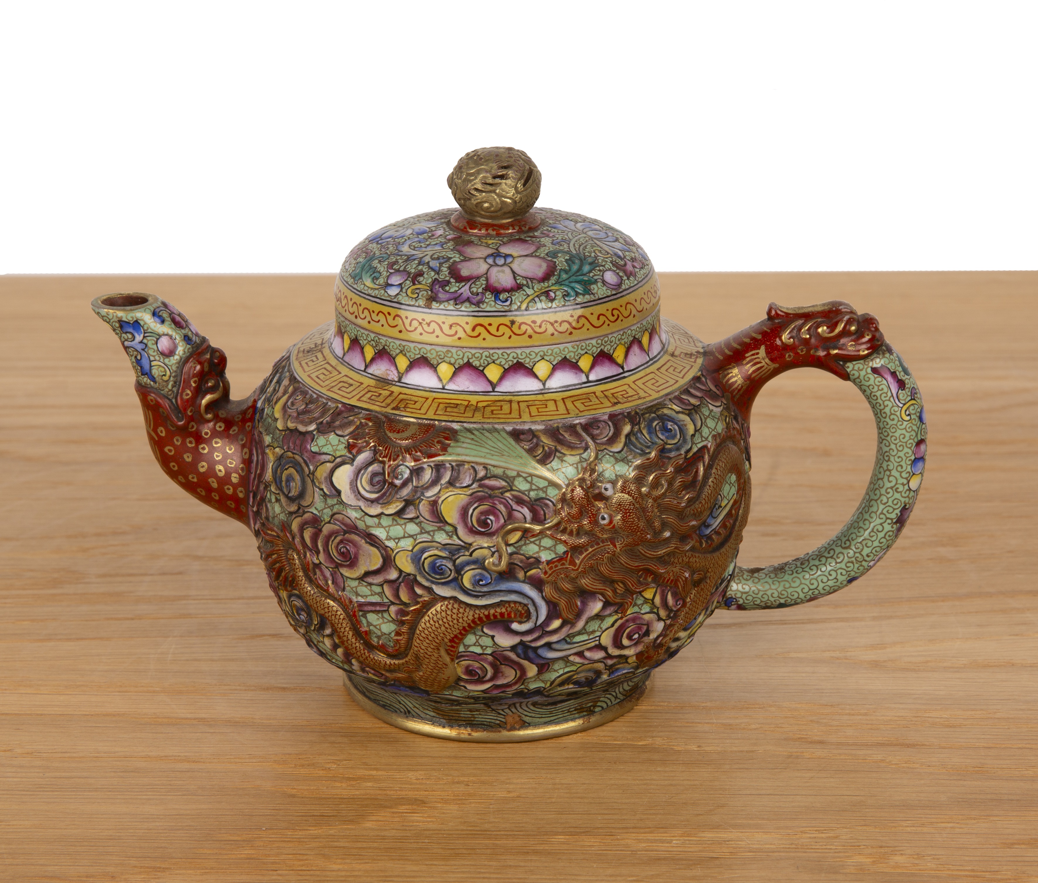 Yixing teapot with enamelled decoration Chinese decorated with dragons around the body, a key border - Image 2 of 4