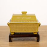 Yellow ground porcelain box and cover Chinese of rectangular form, with allover key decoration