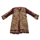 Embroidered velvet coat Ottoman deep burgundy ground, embroidered in gold with flowers and