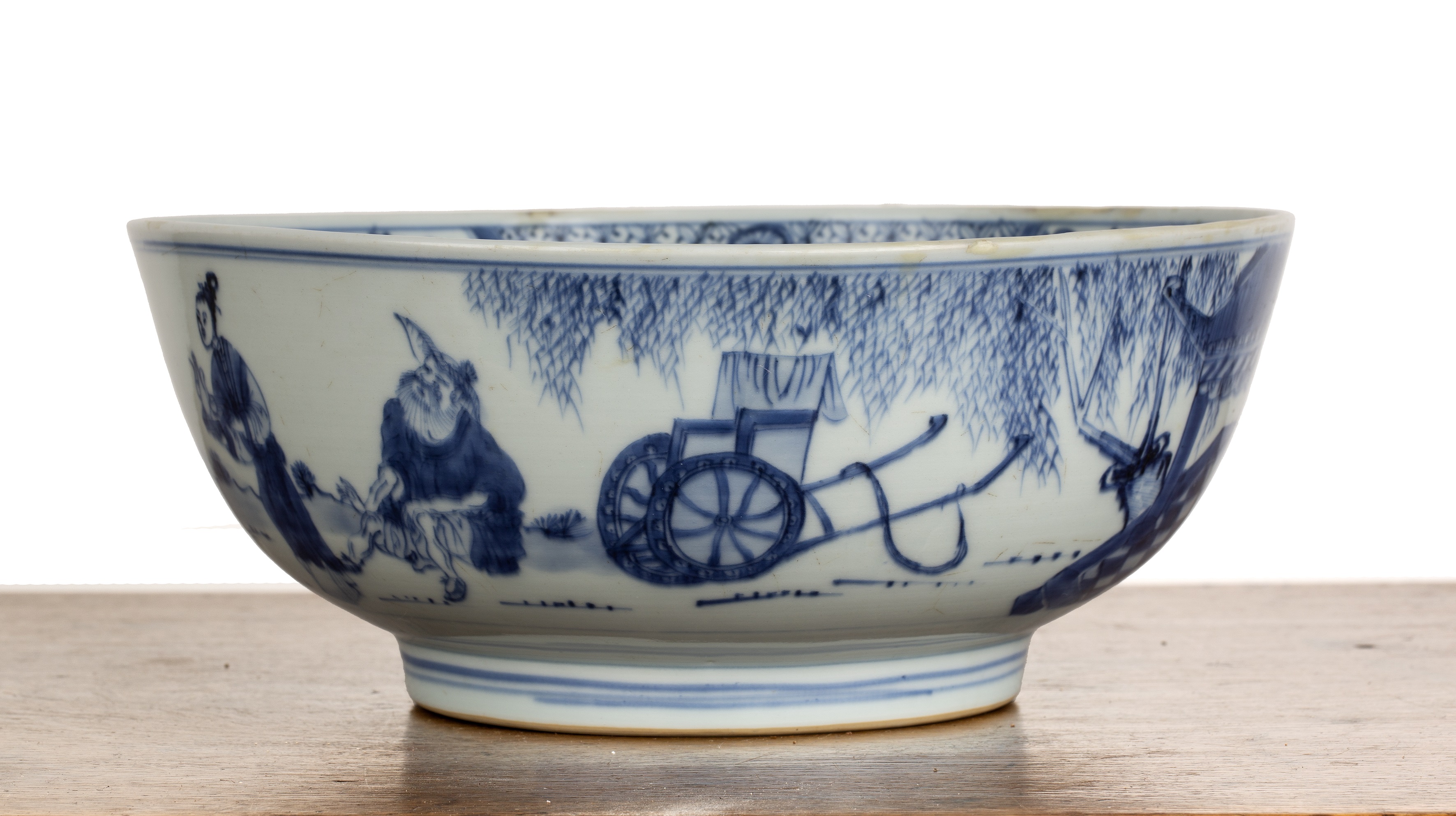 Blue and white circular bowl Chinese, 18th Century painted with travellers and scholars, 25.2cm - Image 6 of 6