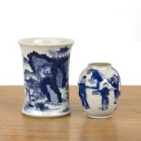 Blue and white porcelain brush pot and a jar Chinese, Kangxi the brush pot of waisted form painted