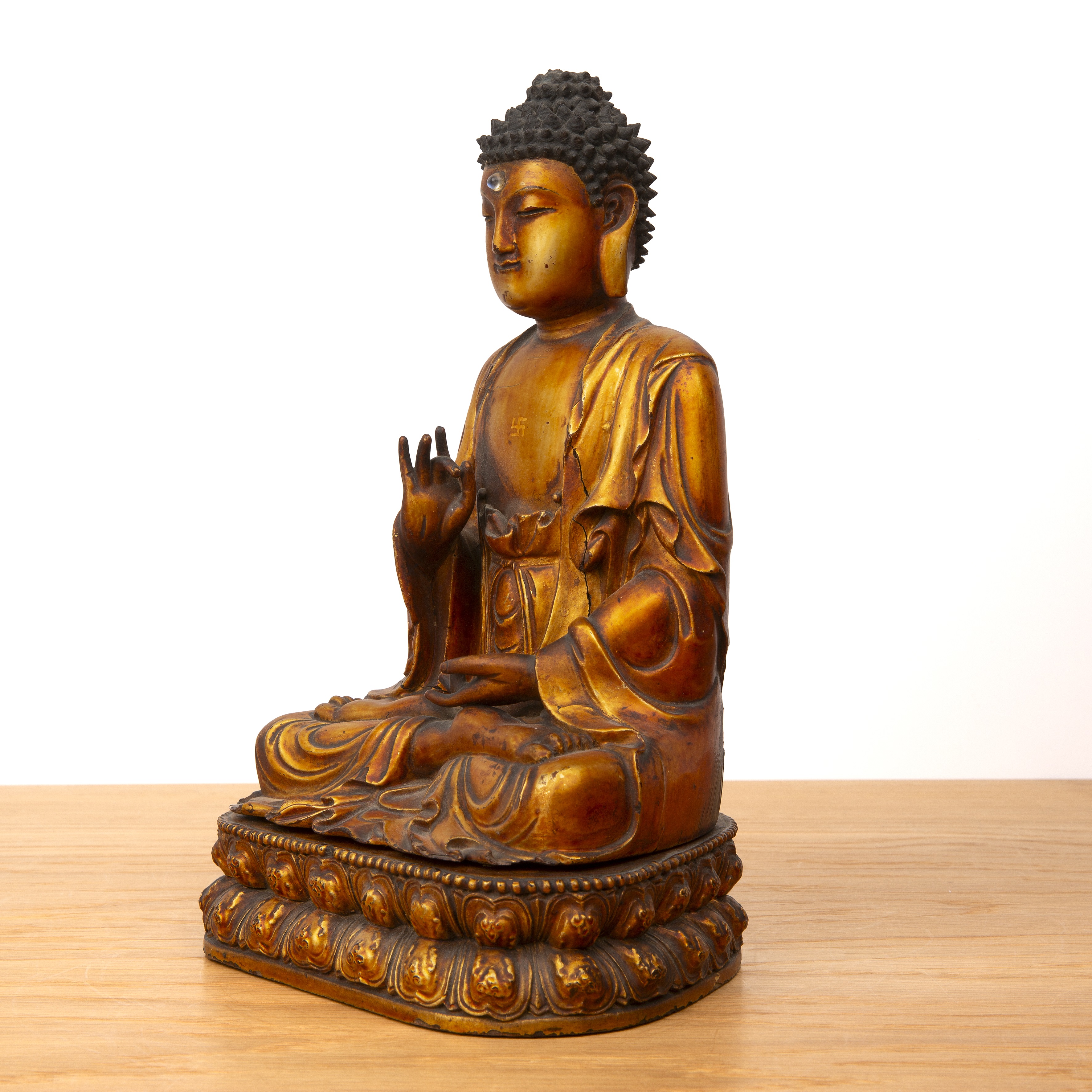 Giltwood seated buddha Japanese, 19th Century the seated figure with hand raised and on a double - Image 2 of 15