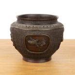 Bronze small jardiniere Japanese, 19th Century with oval panels of birds and flowers, signed to