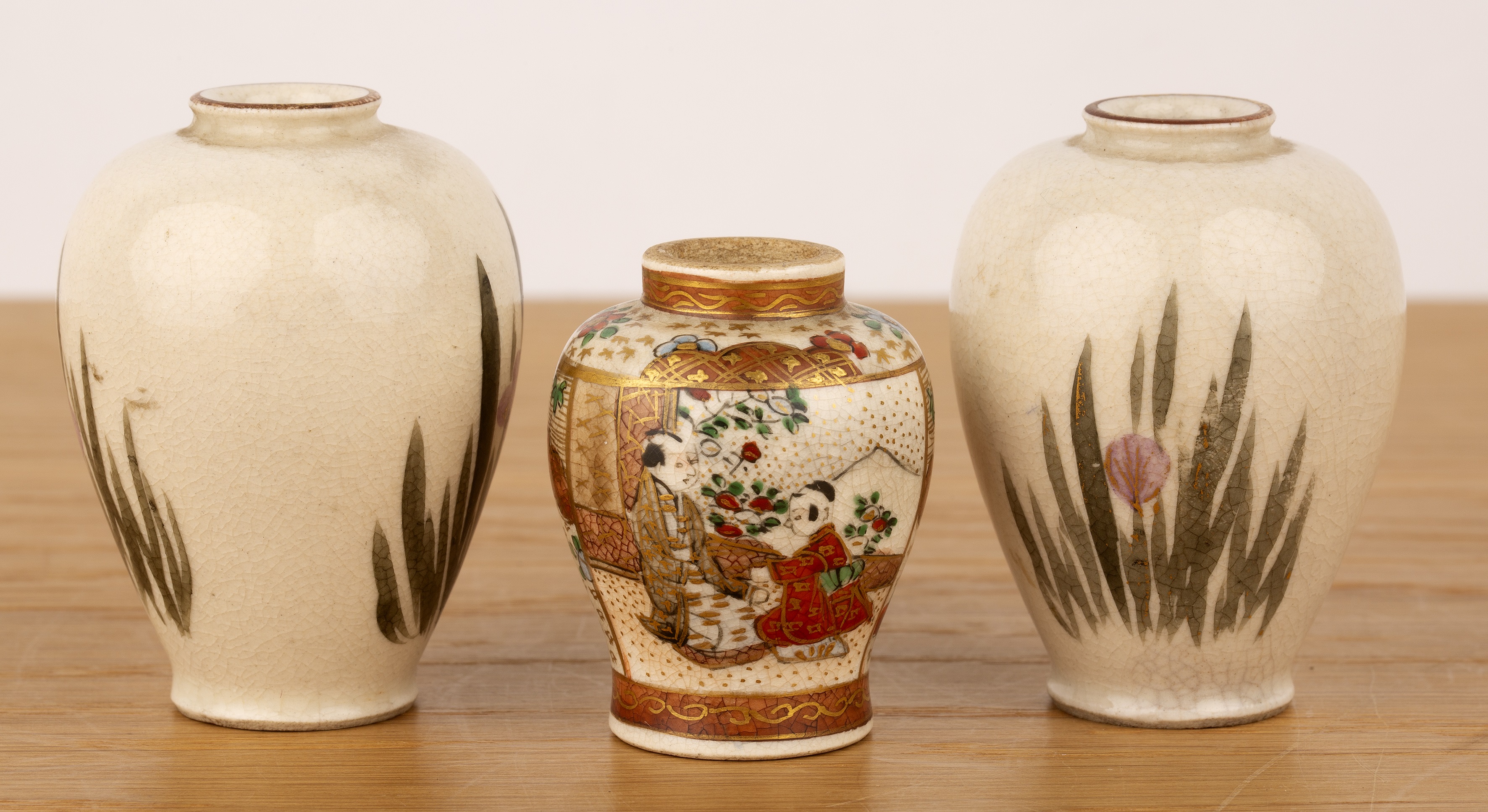 Pair of miniature Satsuma vases and a single vase Japanese variously painted with flowers and - Image 2 of 3