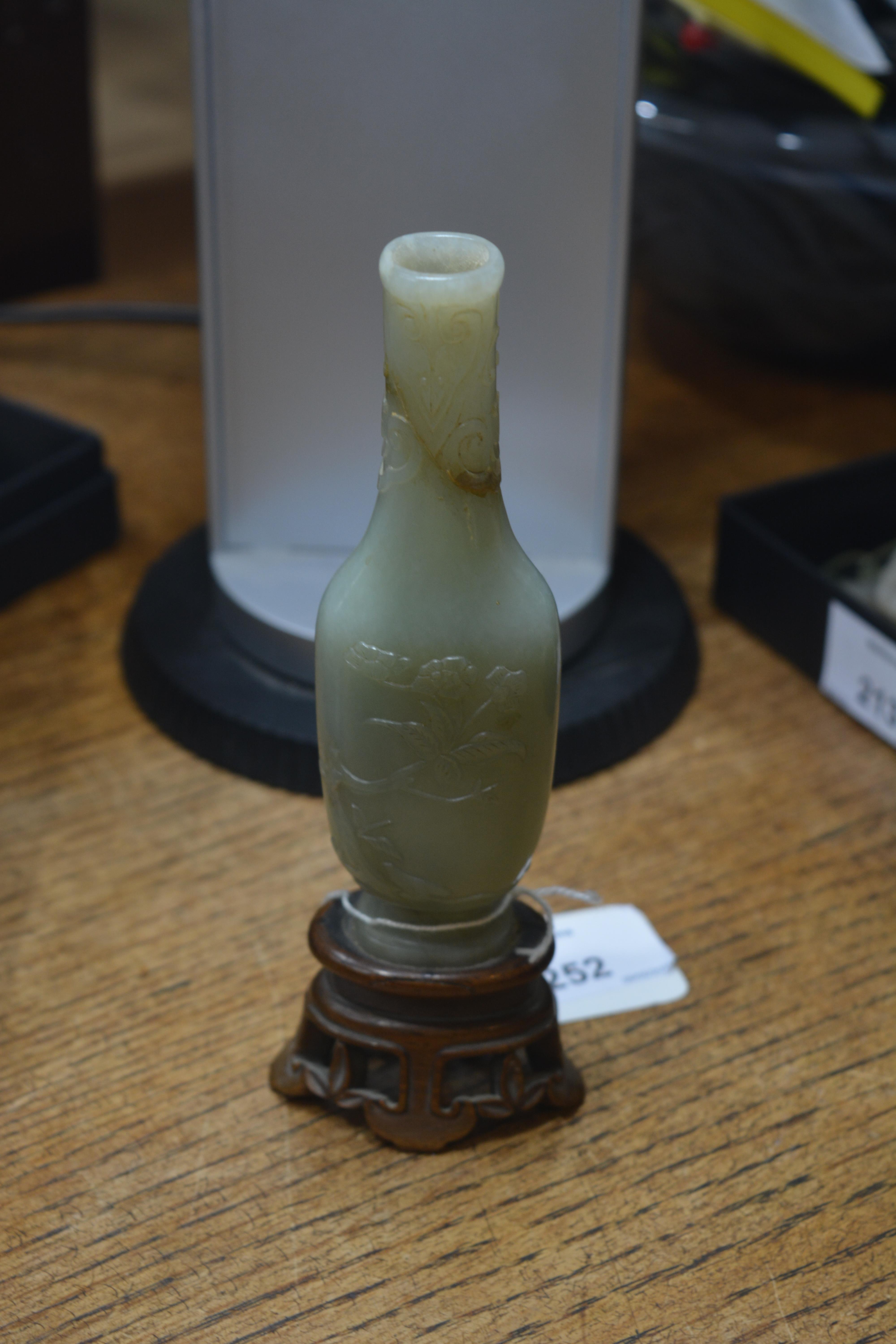 Small jade miniature vase on a wood stand Chinese, 18th/19th Century carved with flowers and - Image 10 of 10