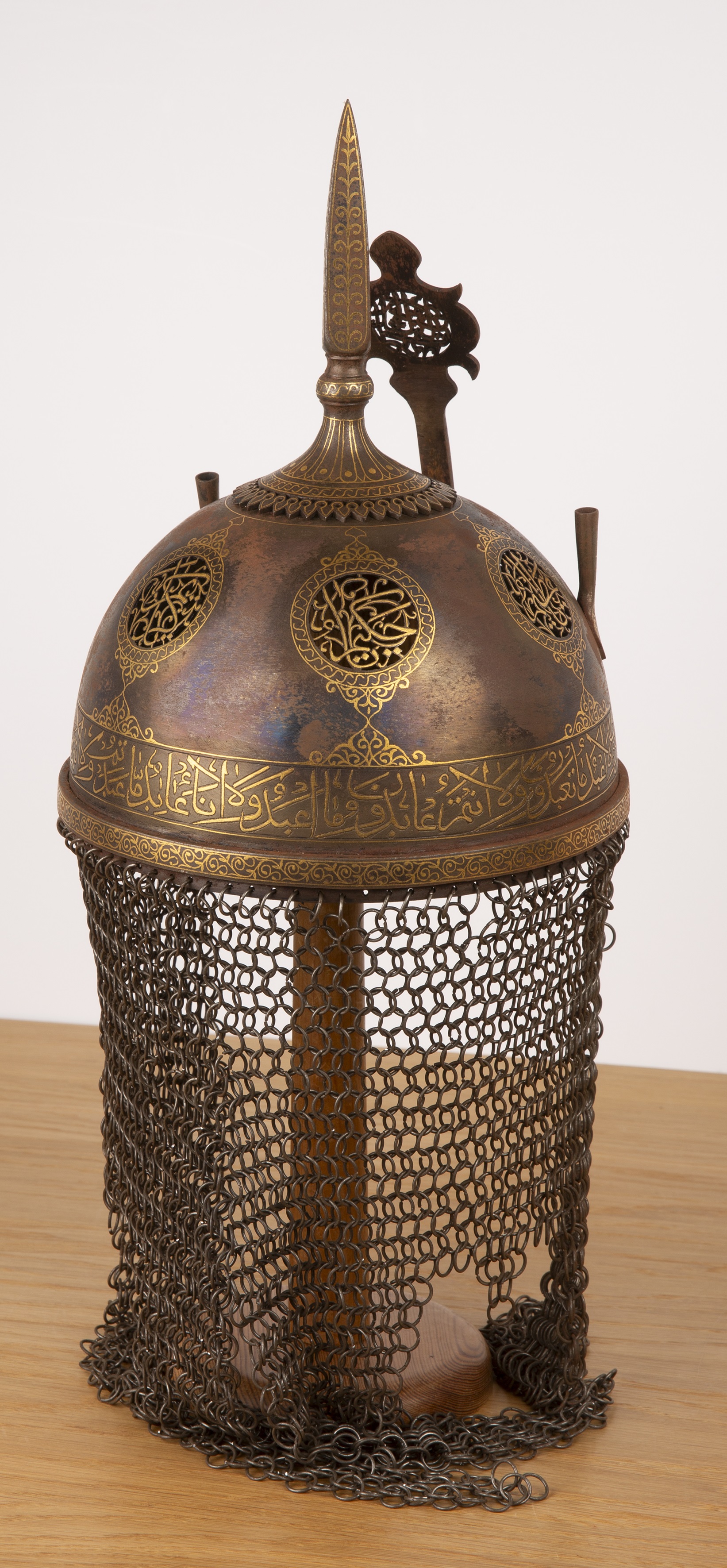 Four-piece revival armour set Indo-Persian chiselled steel with gold metal inlay, to include an axe, - Image 6 of 7
