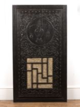 Carved wood and silk panel Chinese, 19th Century with urn, lotus and foliate decoration, 117cm x